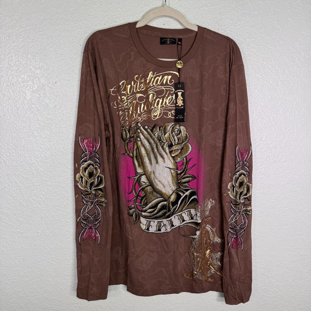 Christian Audigier Y2K Shirt Mens XL Faith Praying Hands Rhinestone Tee Grunge